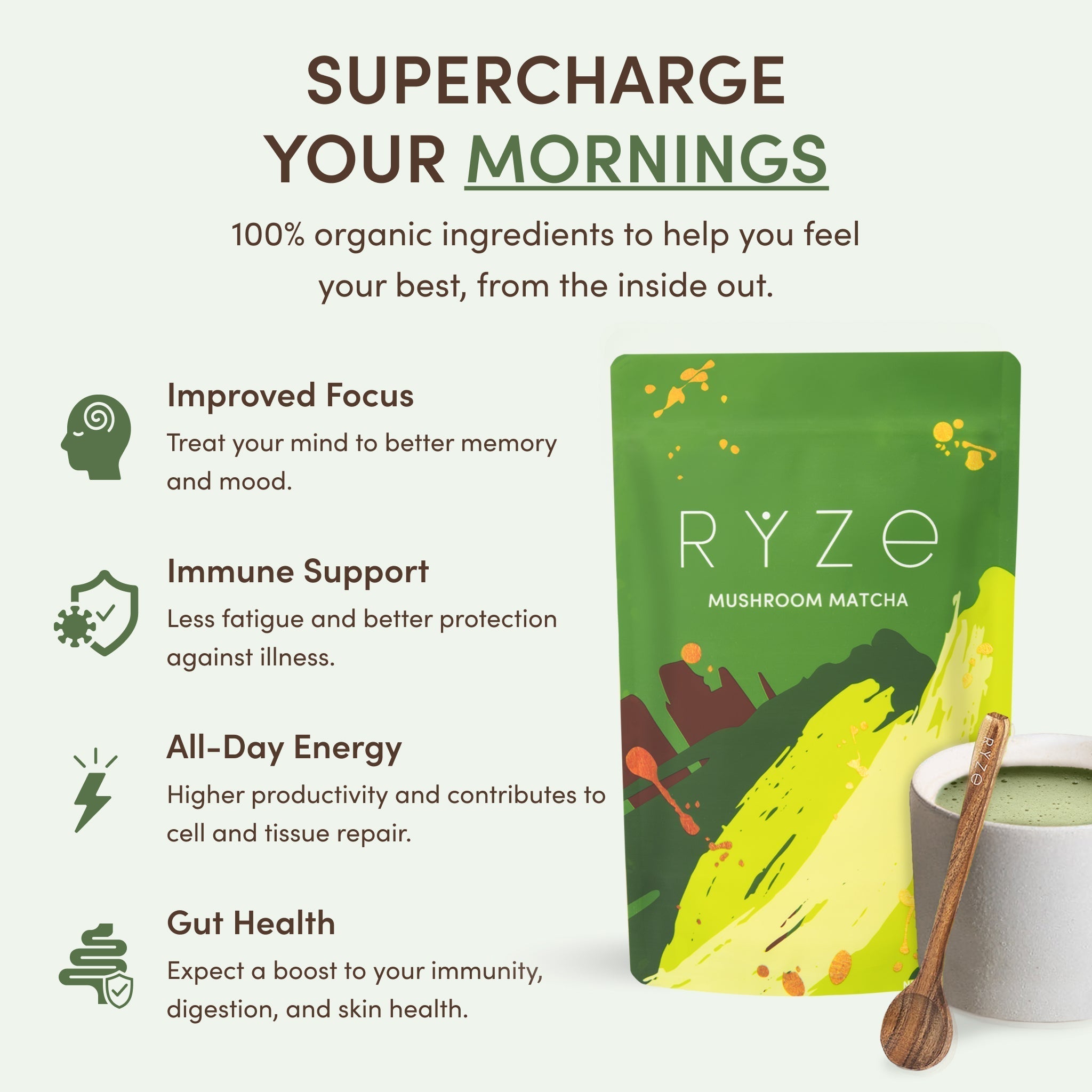RYZE Mushroom Matcha — Organic Instant Matcha Latte with Lion's Mane & King Trumpet, 30 Servings P3