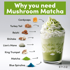 RYZE Mushroom Matcha - with 6 Organic Adaptogenic Mushrooms Grown In USA and Ceremonial-Grade Japanese Matcha J2