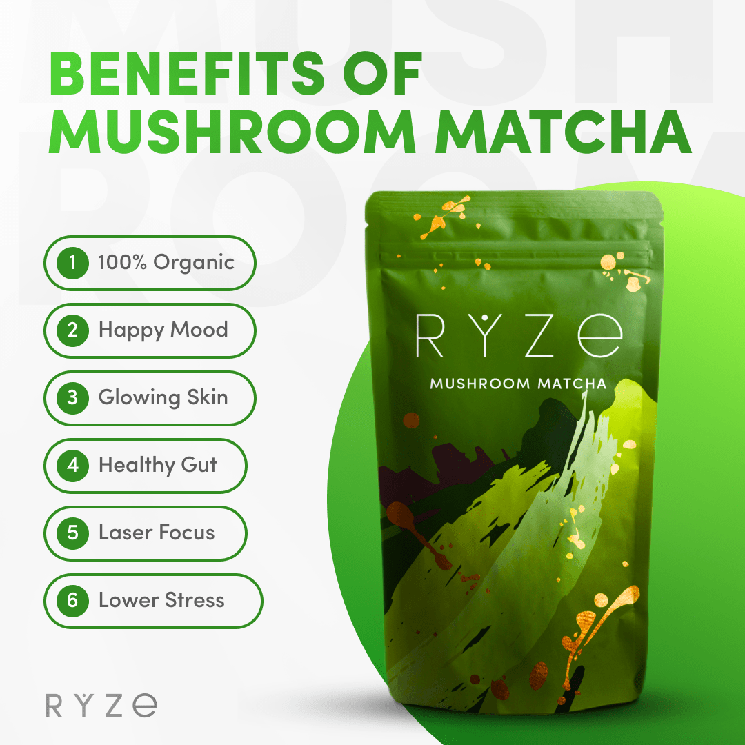 RYZE Mushroom Matcha - with 6 Organic Adaptogenic Mushrooms Grown In USA and Ceremonial-Grade Japanese Matcha J2