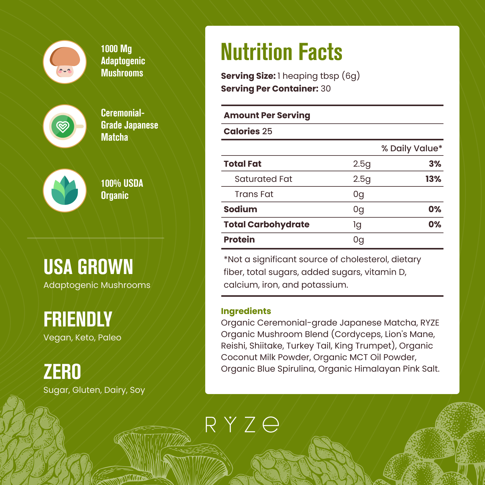 RYZE Mushroom Matcha - with 6 Organic Adaptogenic Mushrooms Grown In USA and Ceremonial-Grade Japanese Matcha J2